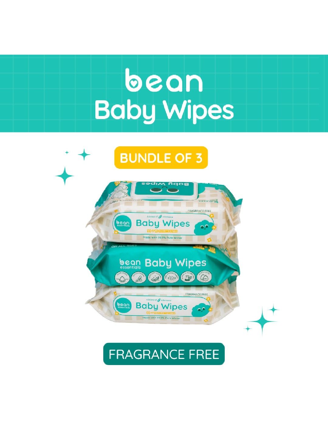 bean essentials [Bundle of 3] Baby Wipes Fragrance Free 3 x 100 sheets (No Color- Image 1)