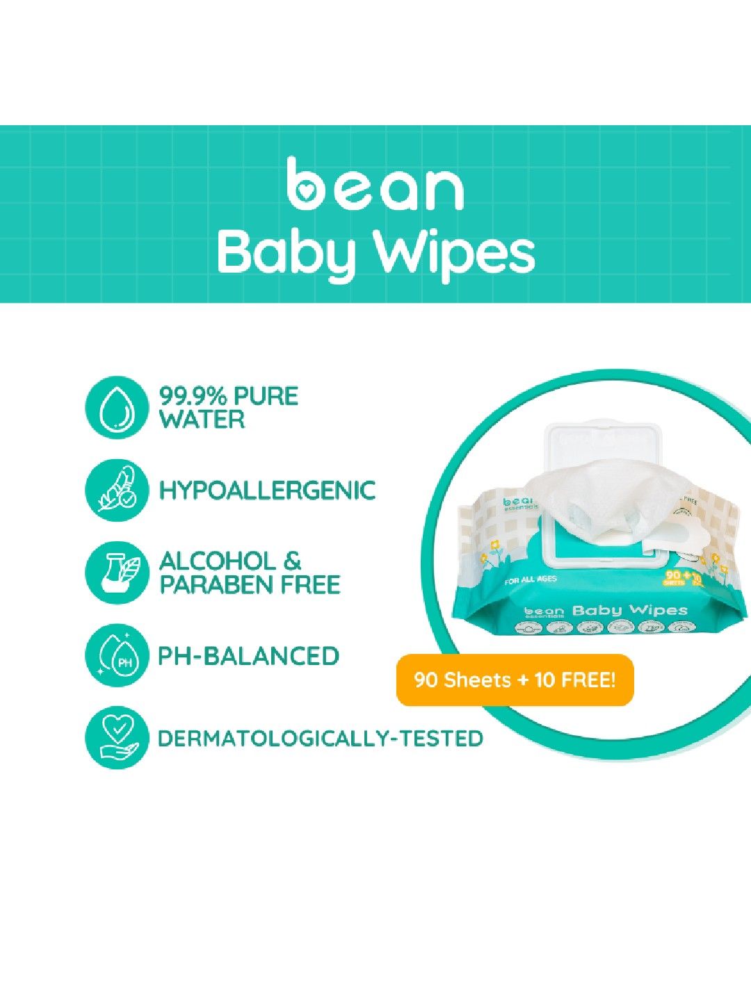 bean essentials [Bundle of 3] Baby Wipes Fragrance Free 3 x 100 sheets (No Color- Image 2)