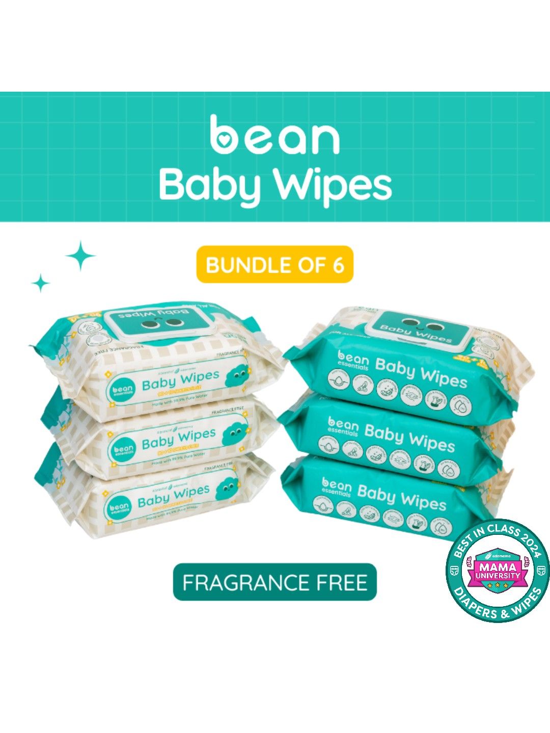 bean essentials [Bundle of 6] Baby Wipes Fragrance Free 6 x 100 sheets