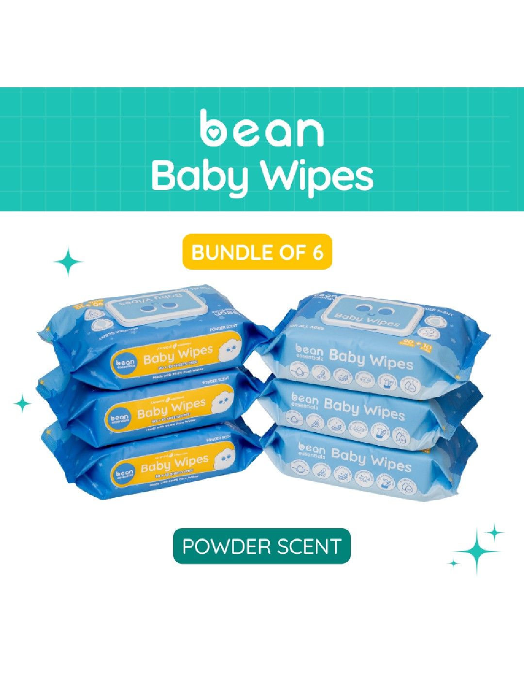 bean essentials [Bundle of 6] Baby Wipes Powder Scented 6 x 100 sheets (No Color- Image 1)
