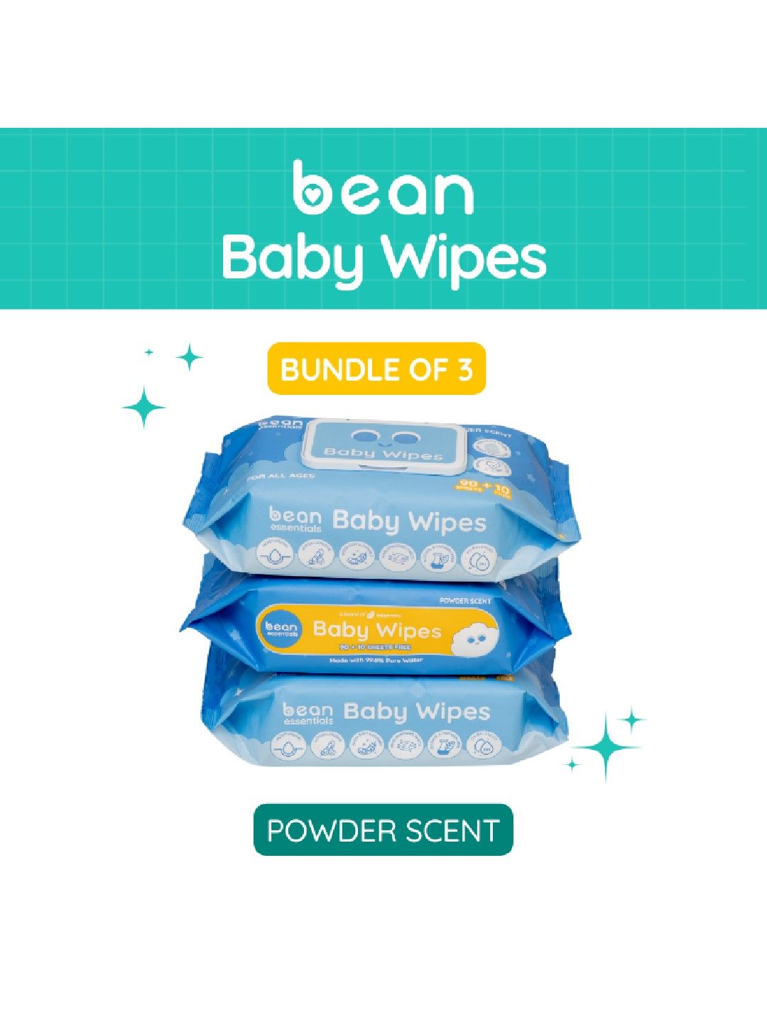 bean essentials [Bundle of 3] Baby Wipes Powder Scented 3 x 100 sheets (No Color- Image 1)