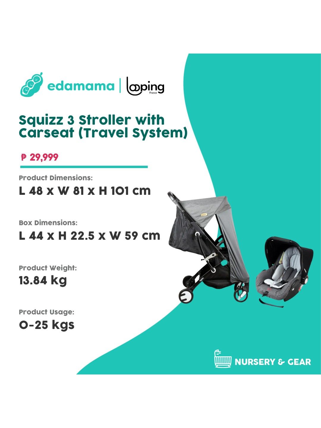 Looping Squizz 3 Stroller with Carseat (Travel System) (Grey- Image 2)