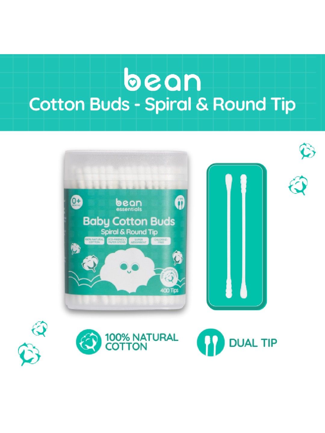 bean essentials Spiral & Round Baby Cotton Buds (400 tips)