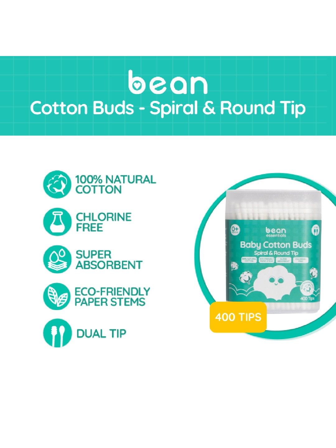 bean essentials Spiral & Round Baby Cotton Buds (400 tips) (No Color- Image 2)