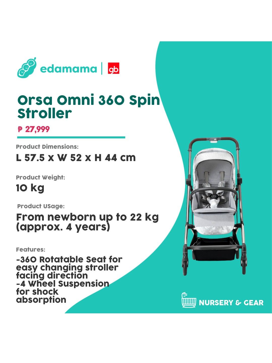 gb Orsa Omni 360 Spin Stroller (White- Image 2)