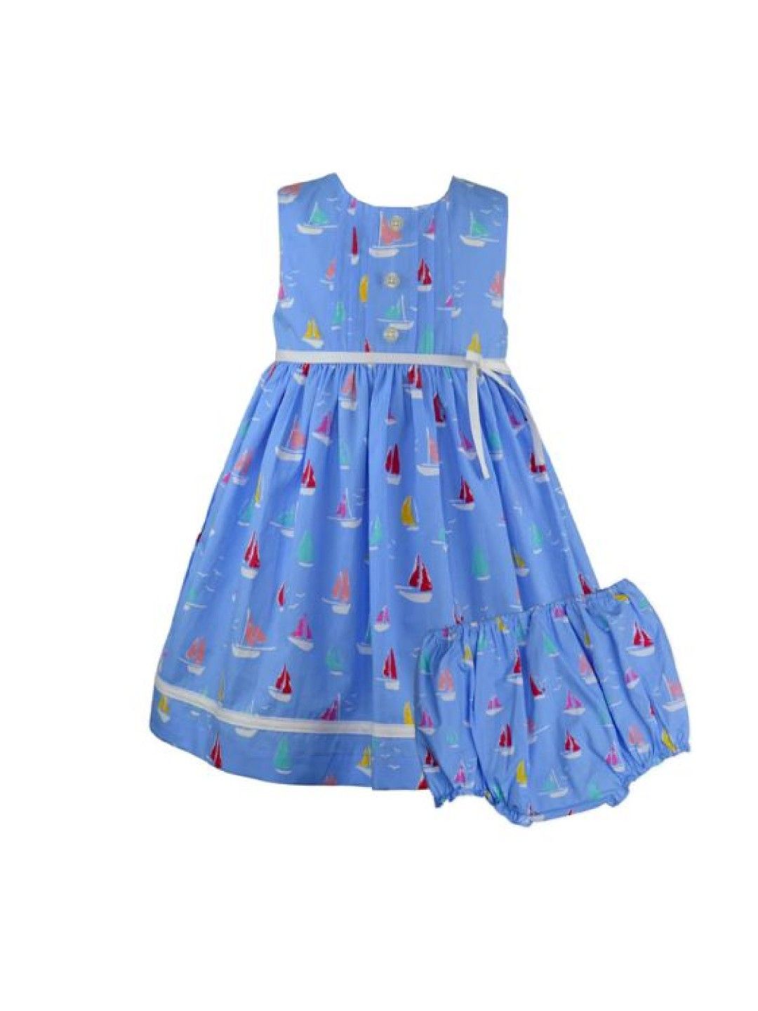 Periwinkle Lauraine Sailboat print dress w/diaper cover and crisscross back details (Blue- Image 1)