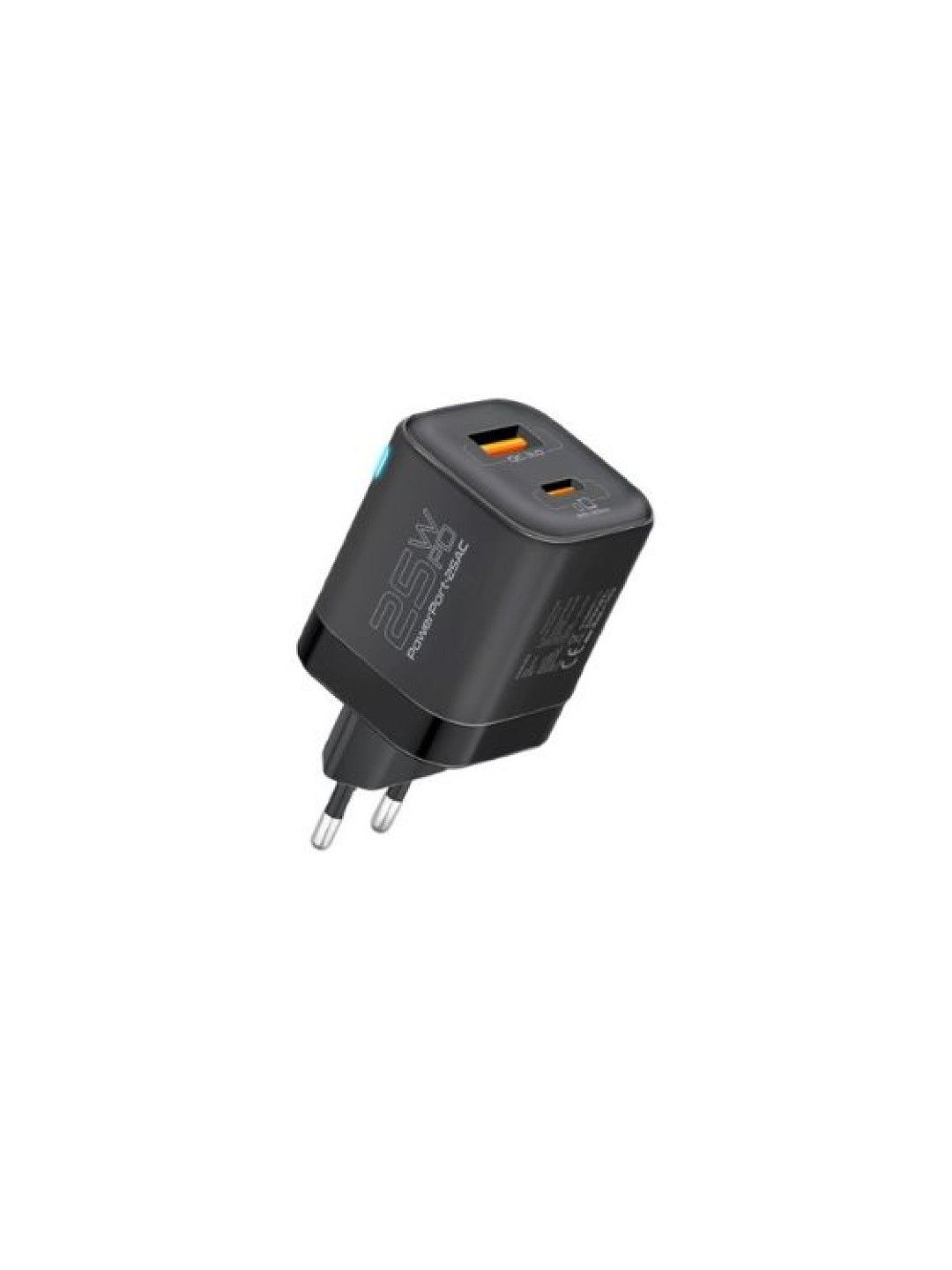 Promate POWERPORT-25AC Ultra-Fast Dual Port AC Charger 25W Power Delivery (Black- Image 1)