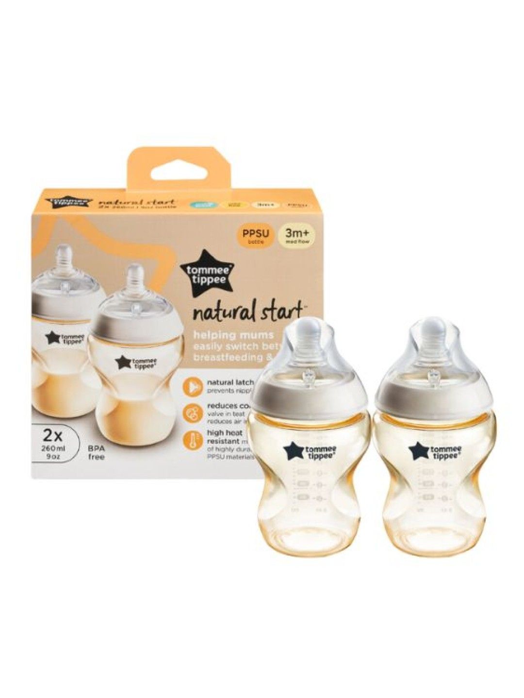 Tommee Tippee Natural Start PPSU Baby Bottle (2 x 9oz) - Medium Flow (No Color- Image 1)