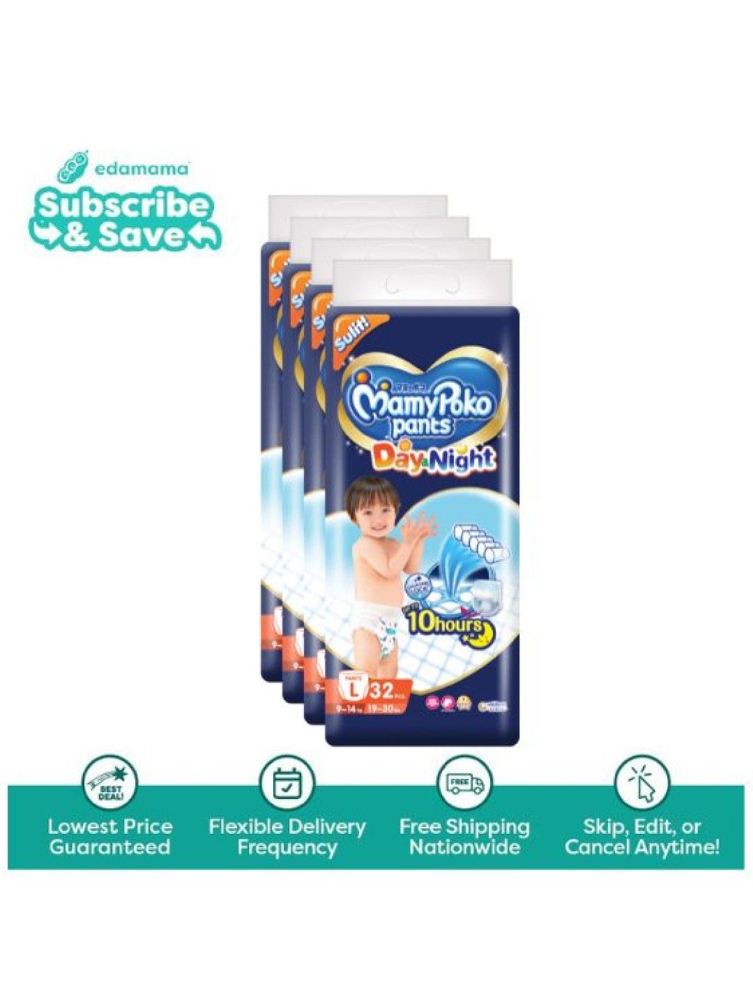 MamyPoko Day and Night Diaper Pants Large 32s x 4 packs (128s) - Subscription