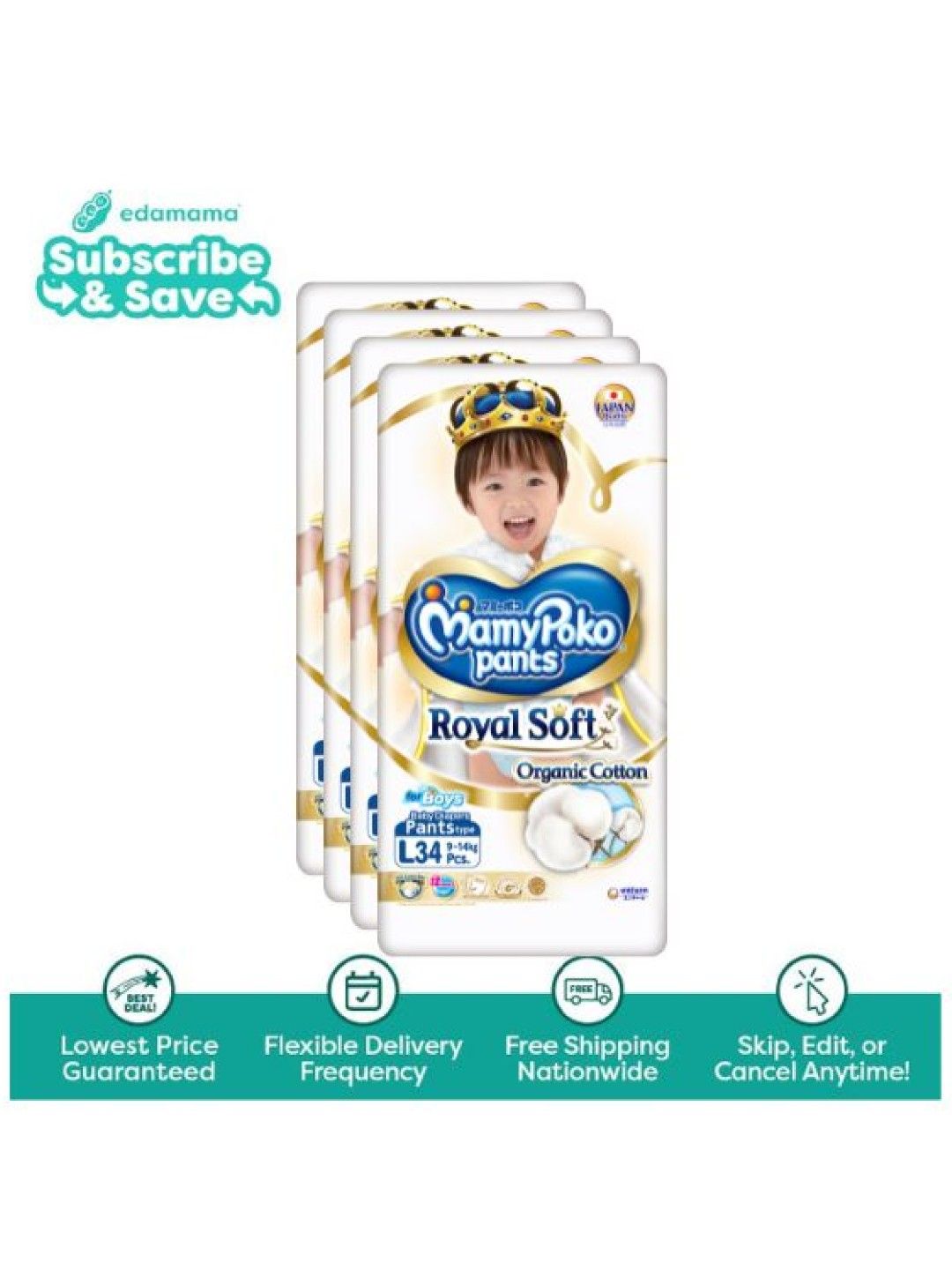 MamyPoko Royal Soft Organic Diaper Pants Boy Large 34s x 4 packs (136s) - Subscription (No Color- Image 1)