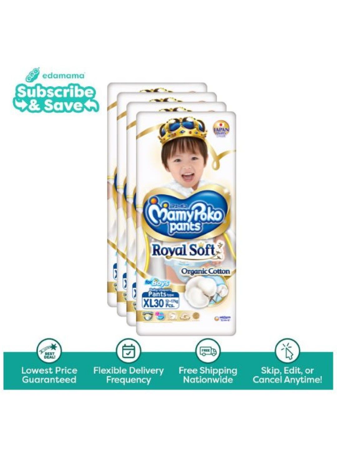 MamyPoko Royal Soft Organic Diaper Pants Boy XL 30s x 4 packs (120s) - Subscription