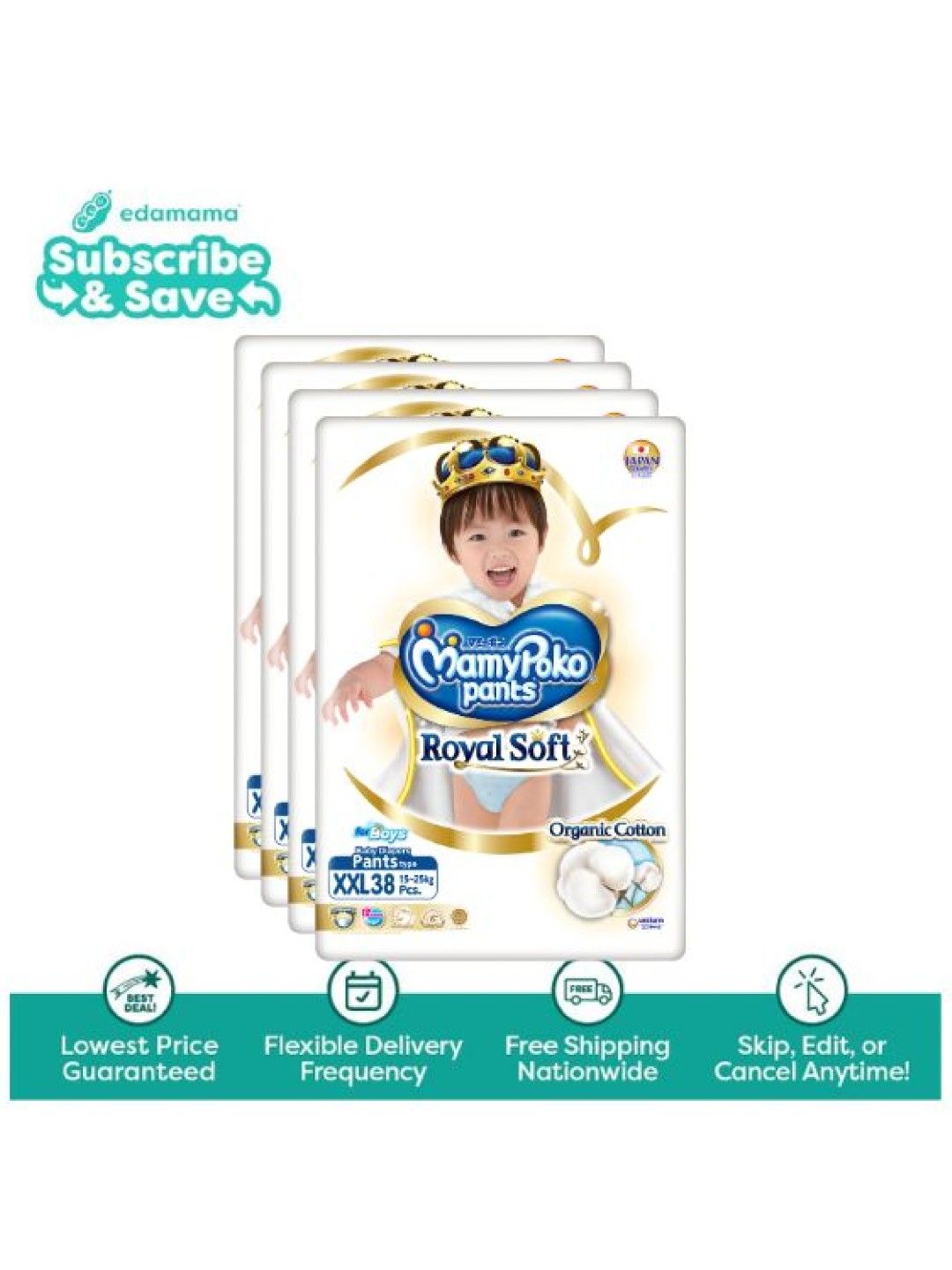 MamyPoko Royal Soft Organic Diaper Pants Boy XXL 38s x 4 packs (152s) - Subscription