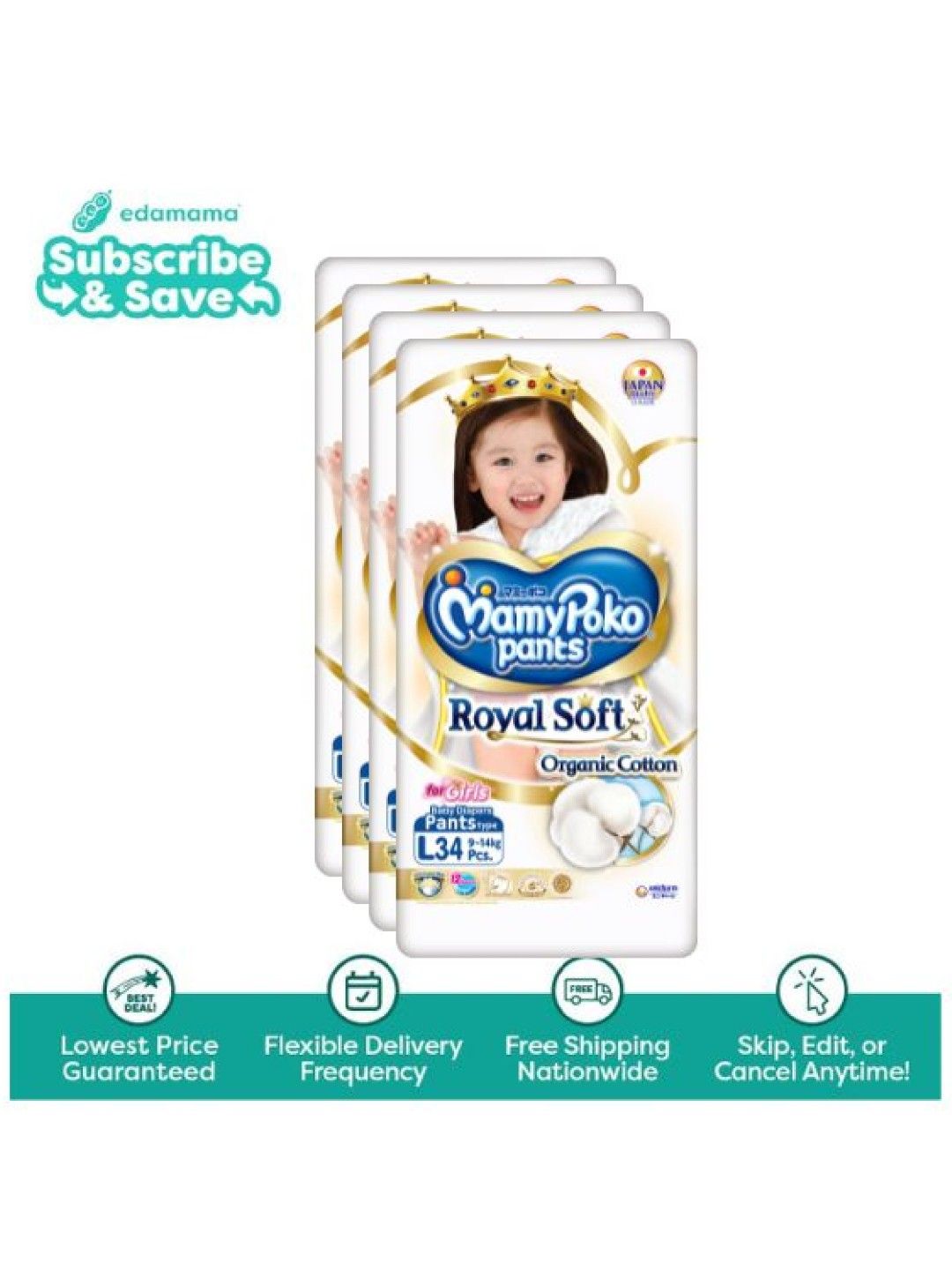 MamyPoko Royal Soft Organic Diaper Pants Girl Large 34s x 4 packs (136s) - Subscription (No Color- Image 1)