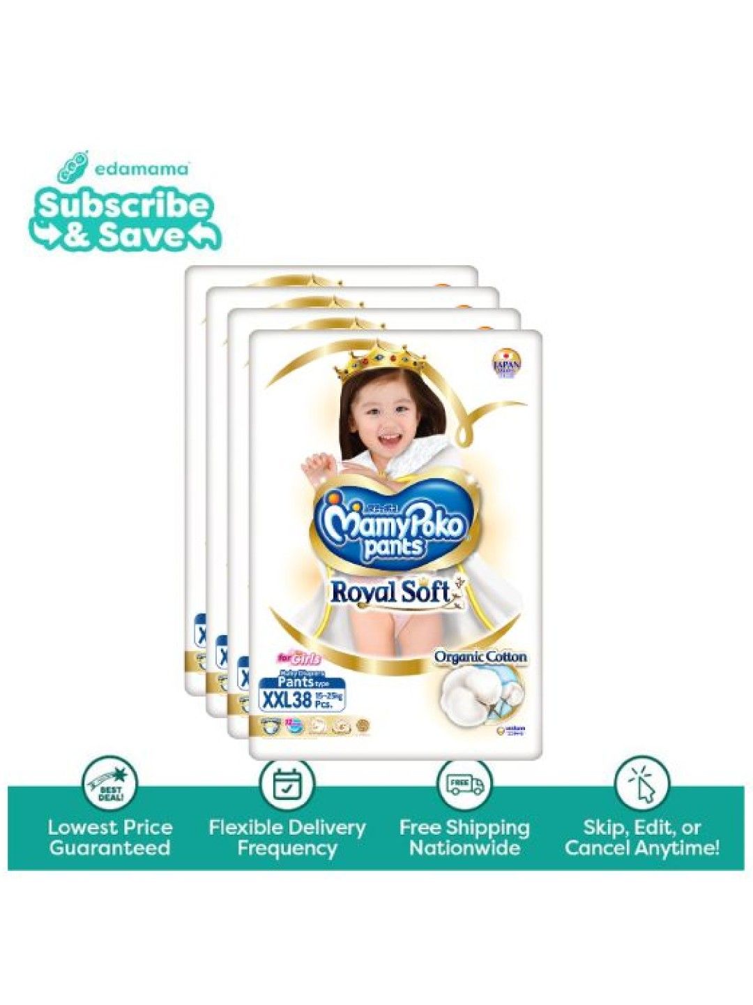 MamyPoko Royal Soft Organic Diaper Pants Girl XXL 38s x 4 packs (152s) - Subscription