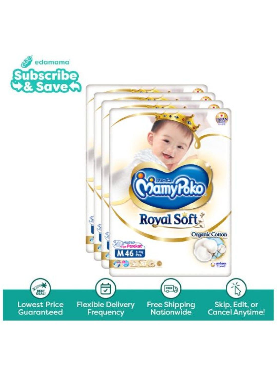 MamyPoko Royal Soft Organic Tape Diaper Medium 46s x 4 packs (184s) - Subscription (No Color- Image 1)
