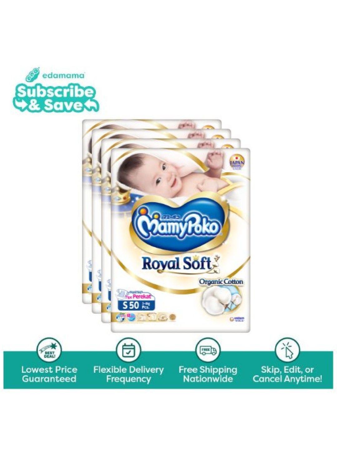MamyPoko Royal Soft Organic Tape Diaper Small 50s x 4 packs (200s) - Subscription (No Color- Image 1)