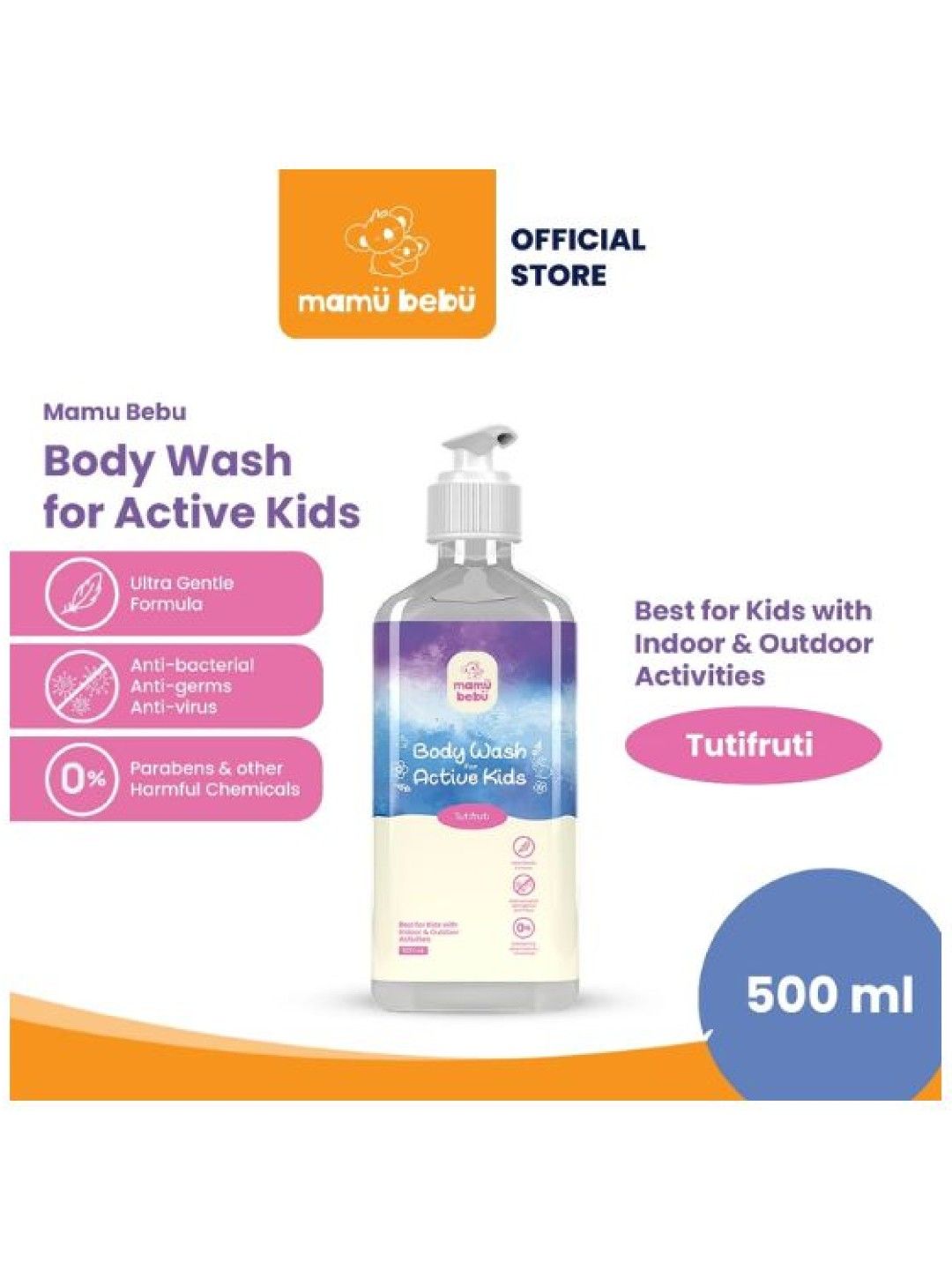 Mamu Bebu Active Kids Body Wash Tutti Fruitti (500ml) (No Color- Image 2)