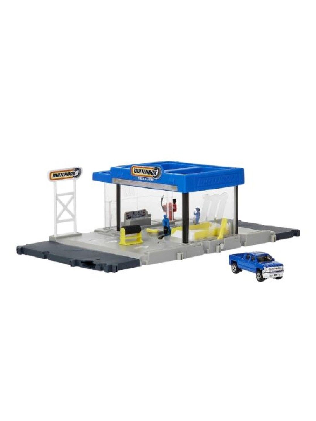 Matchbox Action Drivers Auto Shop Playset with 1 Chevy Silverado, Moving Parts & Figures