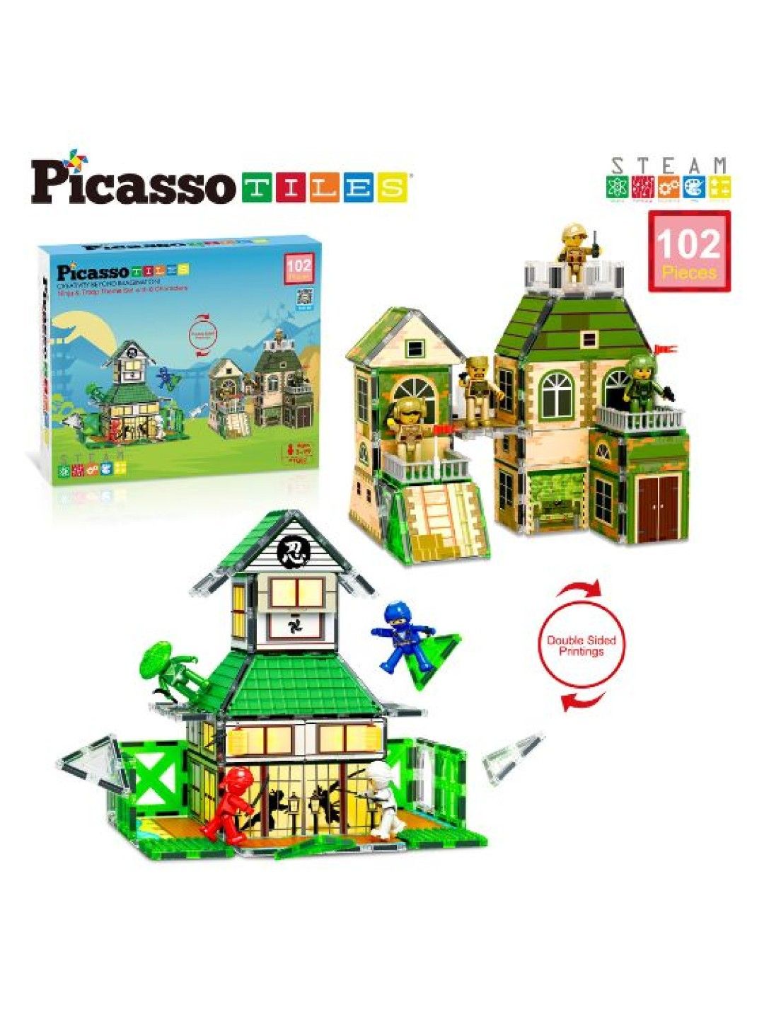 Picasso Tiles 102 pcs. Magnetic Tile Ninja and Troop Theme with 8 Action Figures (No Color- Image 4)