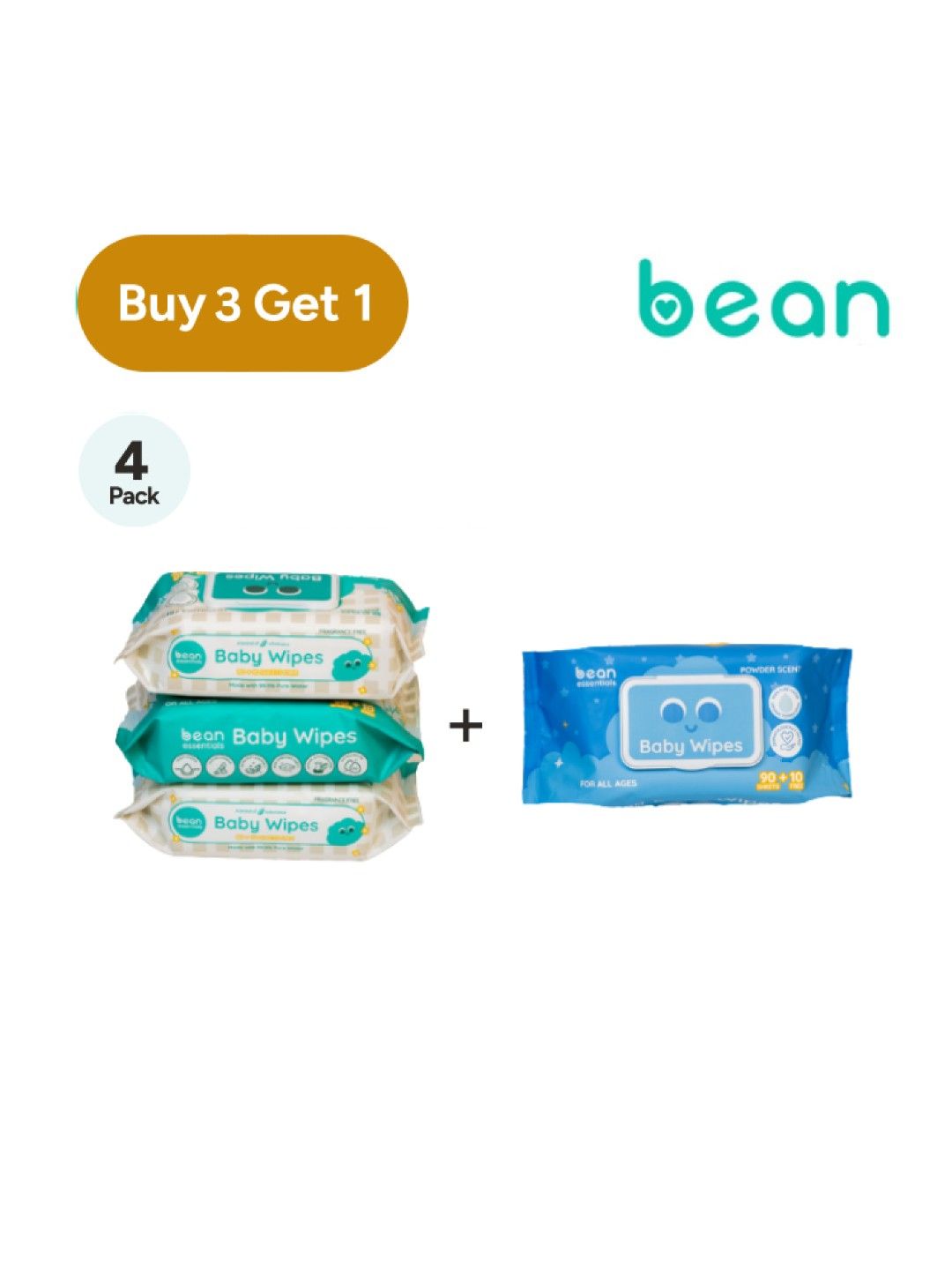 bean [BUY 3, GET 1] Baby Wipes Fragrance Free x 3, Get [FREE] Baby Wipes Powder Scent