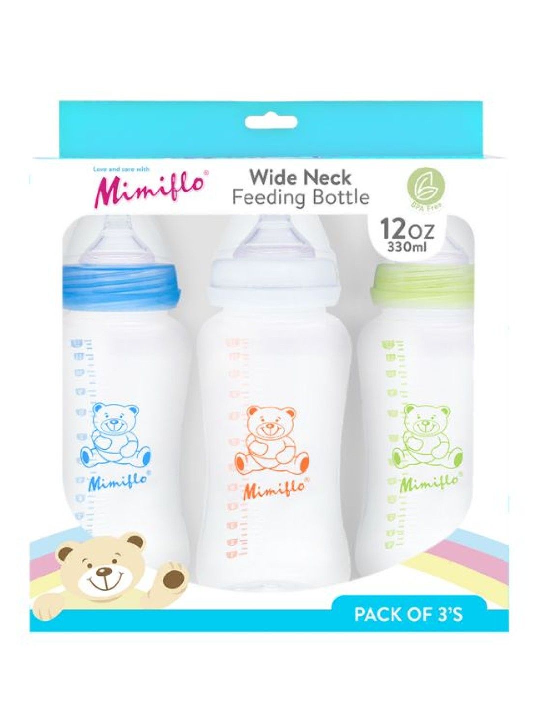 Mimiflo Wide Neck Feeding Bottle PP De Luxe - 12oz  (Pack Of 3's) (Blue/White/Green- Image 2)