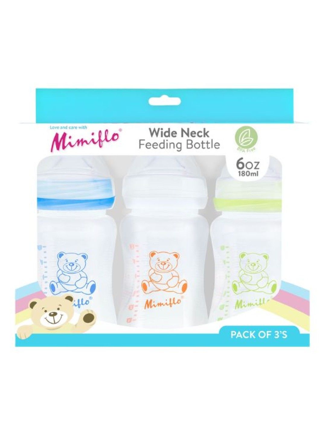 Mimiflo Wide Neck Feeding Bottle PP De Luxe - 6oz (Pack Of 3's) (Blue/White/Green- Image 2)