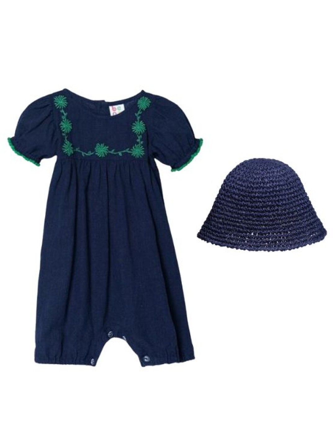 bean fashion Floral Flair Jasmine Pompom Puff Sleeve Embroided Romper with Hat (Navy- Image 1)