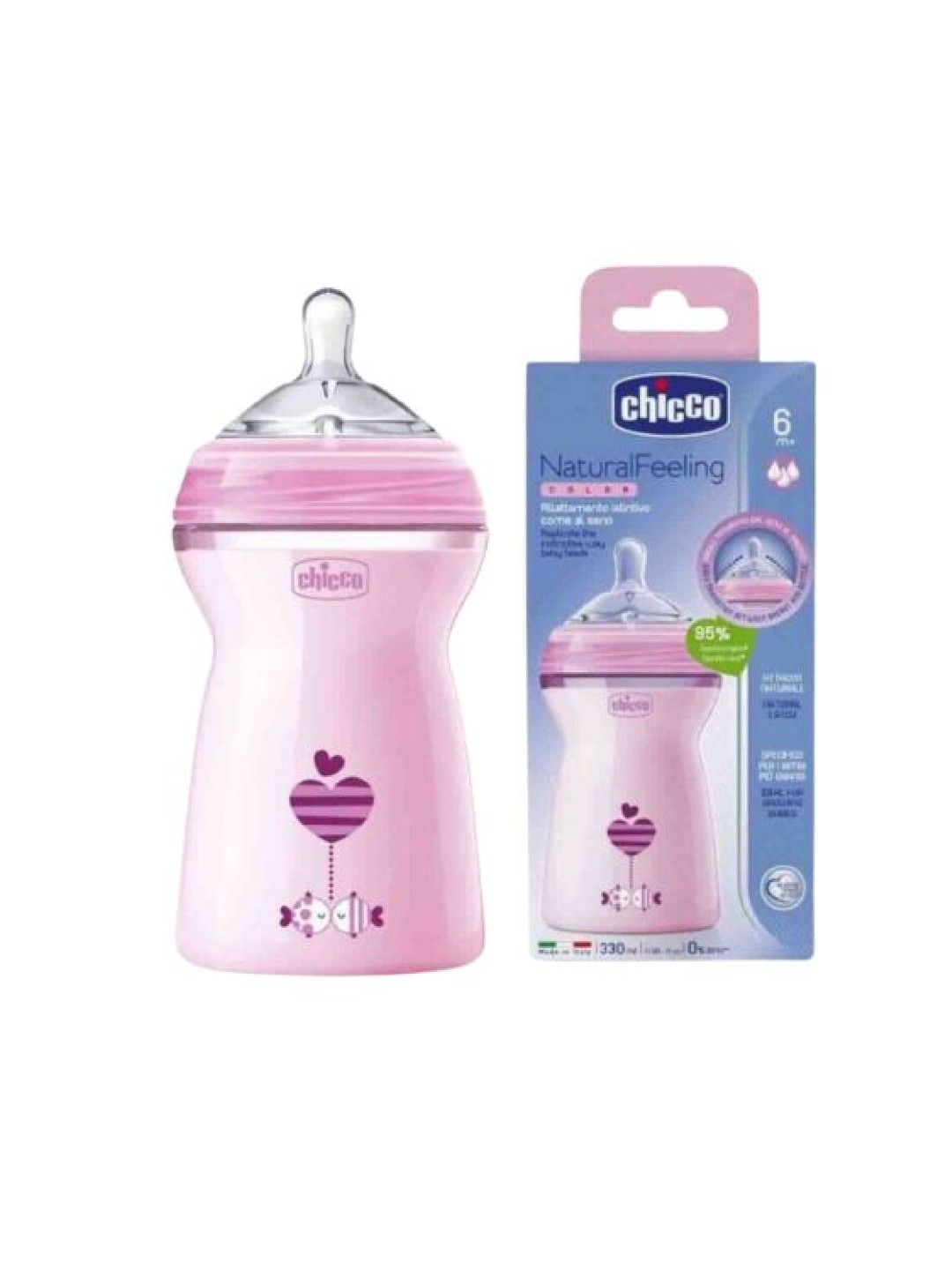 Chicco Natural Feeling Baby Bottle 330ml - 6Mos+ - For Girls (Pink- Image 2)