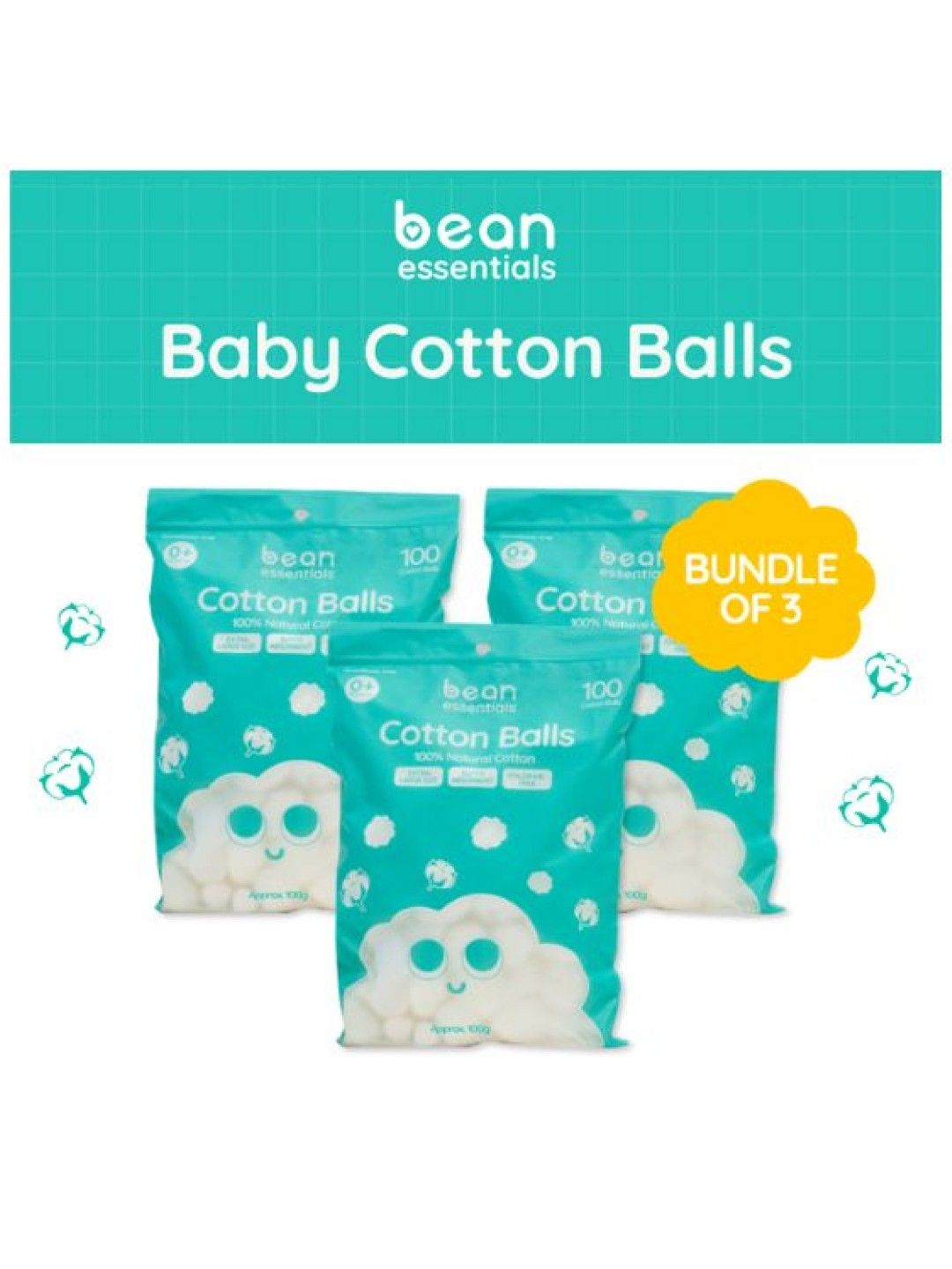 bean essentials [Bundle of 3] Baby Cotton Balls 100g (100s) x 3 (No Color- Image 1)