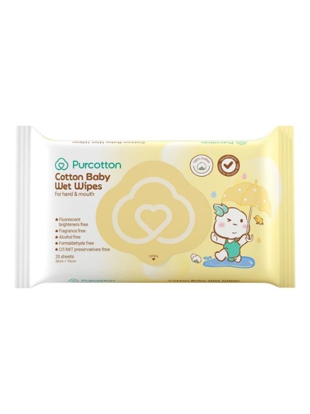 Purcotton Cotton Baby Wet Wipes 20s (No Color- Image 1)