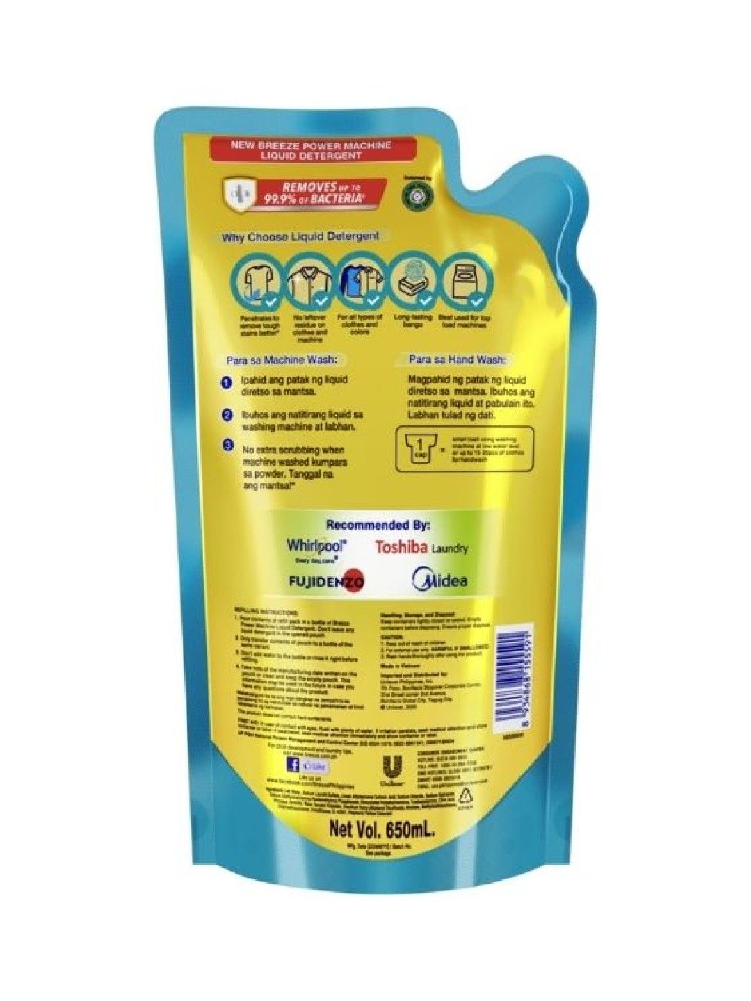 Breeze Liquid Detergent Antibacterial Powermachine Pouch (650 ml) (No Color- Image 2)