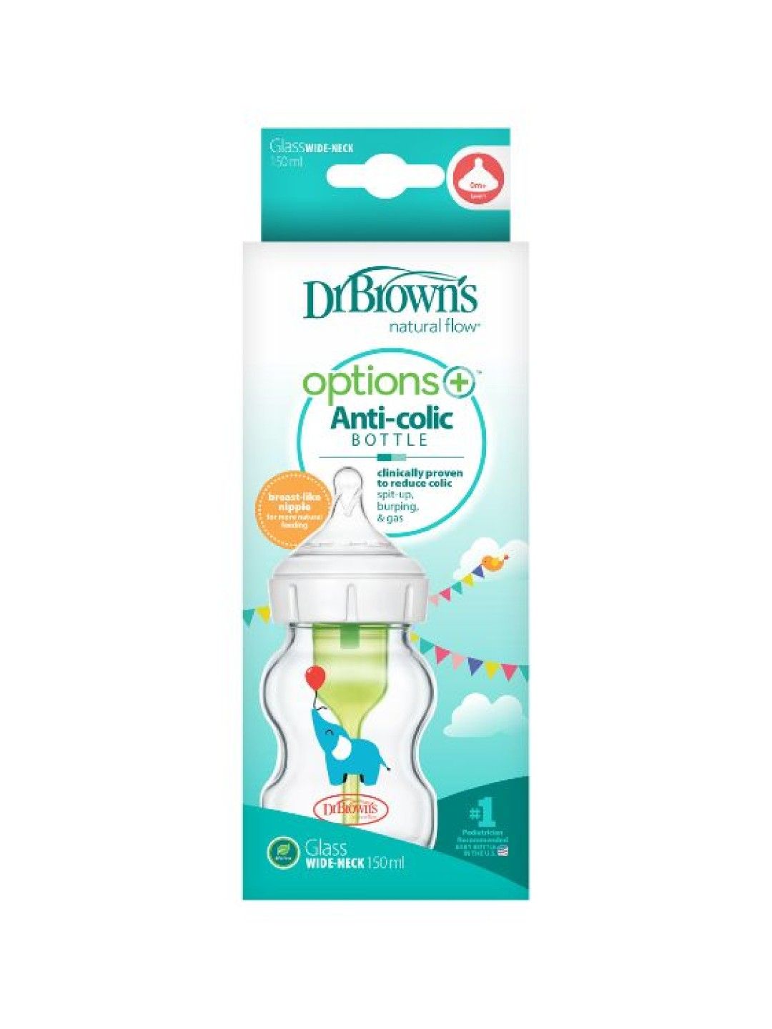 Dr. Brown's Feeding Bottle (150ml) Glass Wide-Neck Options+ with Elephant Deco (1-Pack) (No Color- Image 2)