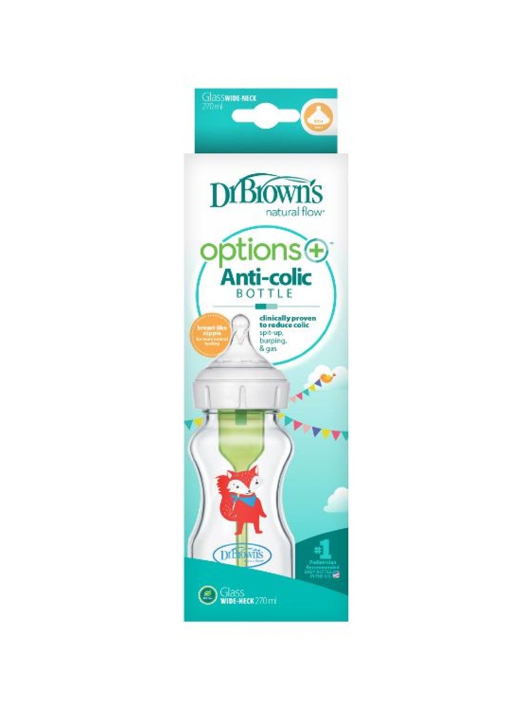 Dr. Brown's Feeding Bottle (270ml) Glass Wide-Neck Options+ with Fox Deco (1-Pack) (No Color- Image 2)