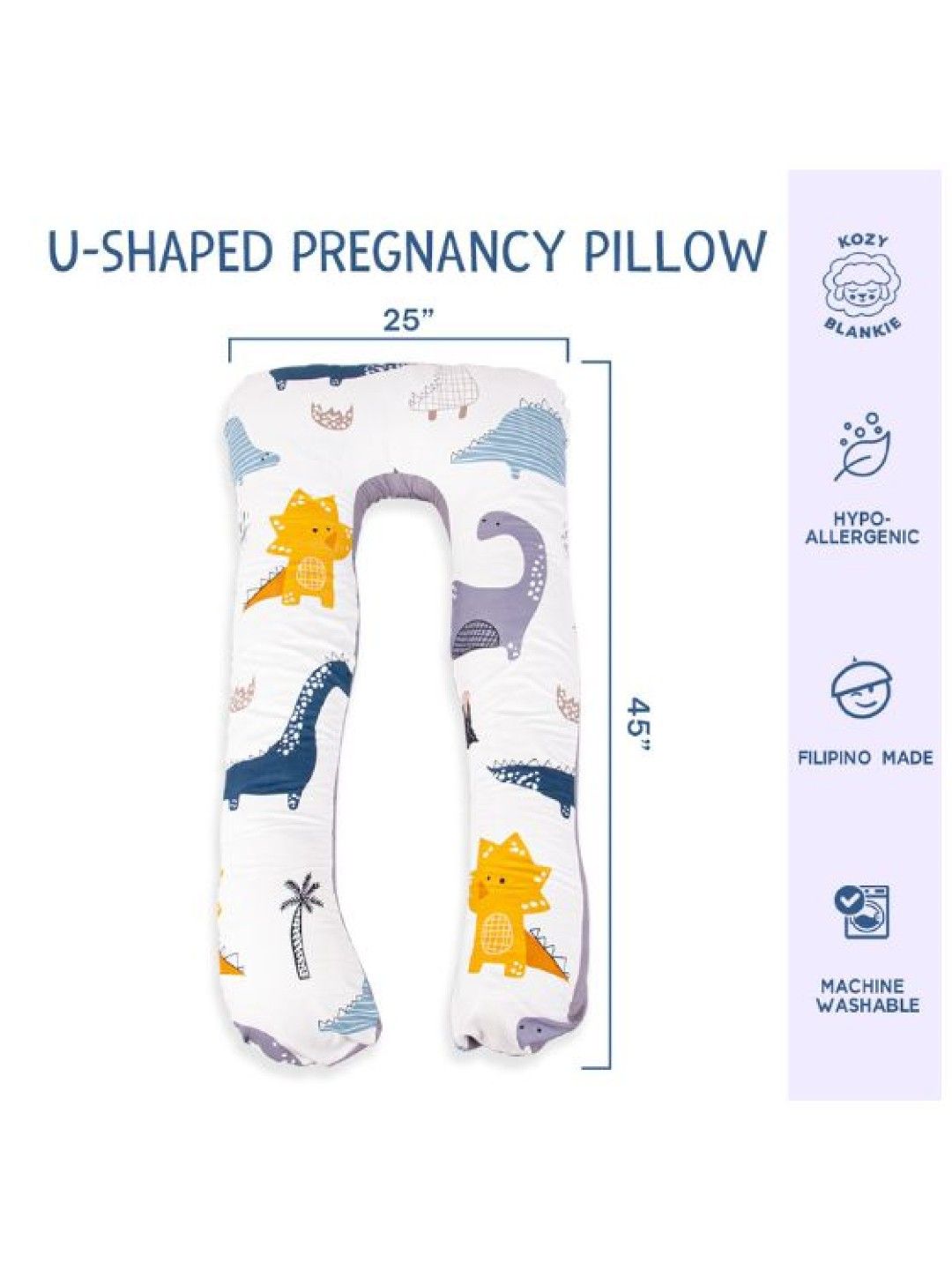 Kozy Blankie Premium U-Shaped Pregnancy Pillow w/ Free Case (Grey Dino- Image 2)