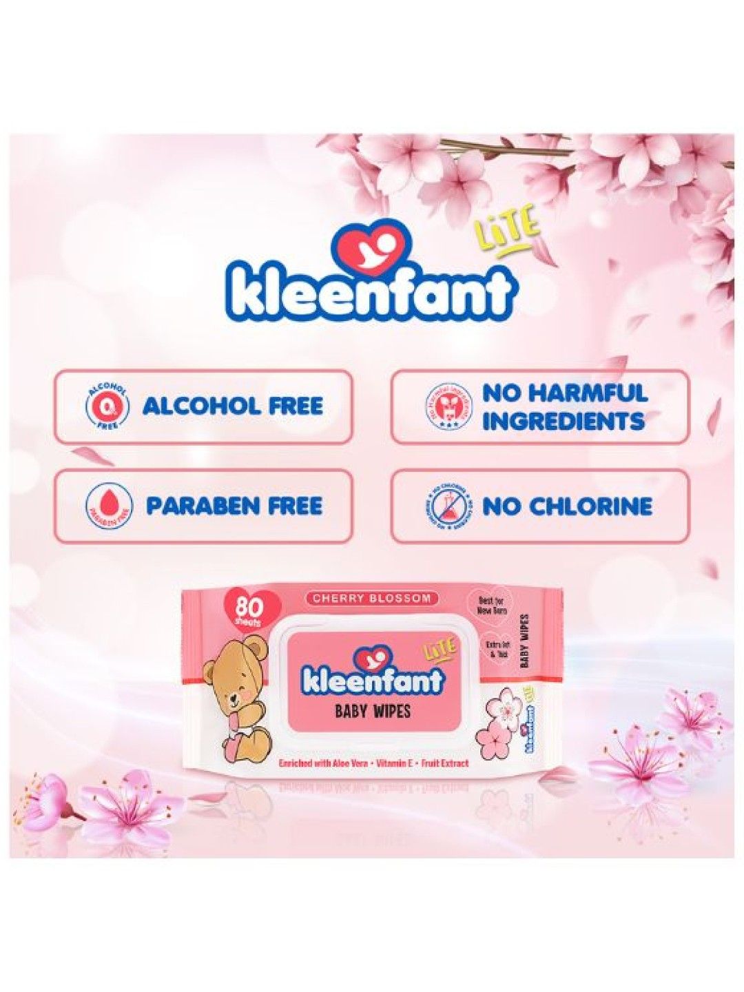 Kleenfant Lite Cherry Blossom Scent Baby Wipes 80 sheets (No Color- Image 2)