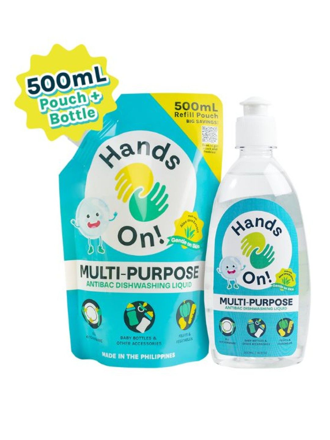 Hands-On! Multipurpose Dishwashing Liquid 500ml Pouch + 500ml Bottle (No Color- Image 1)