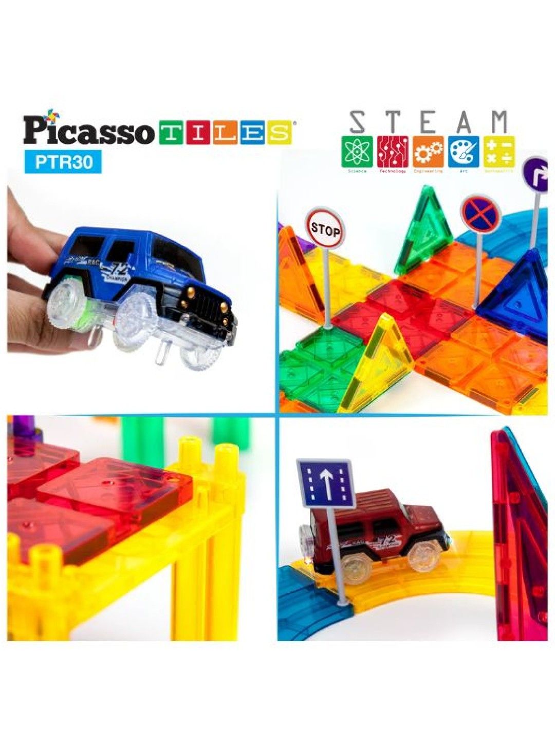 Picasso Tiles Race Car Track Building Block Educational Toy Set (30pcs) (No Color- Image 2)