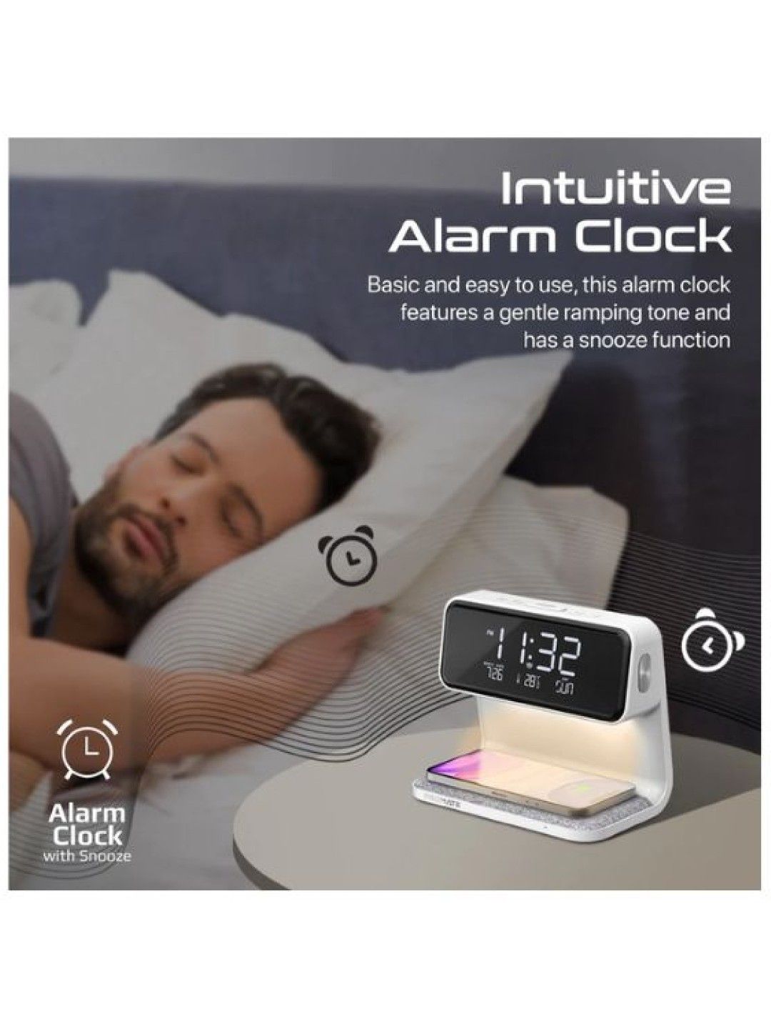 Promate Lumix-15W 3-in-1 Multi-Function LED Alarm Clock with 15W Wireless Charger (White- Image 2)