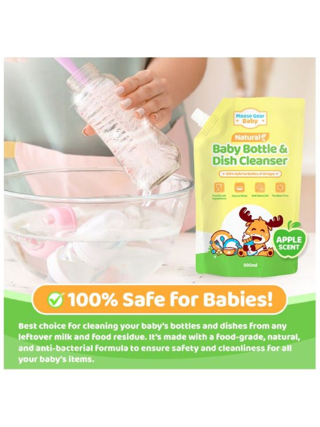 Moose Gear Baby Baby Natural Bottle & Nipple Cleanser Wash (Apple Scent) - Refill (500ml) (No Color- Image 2)