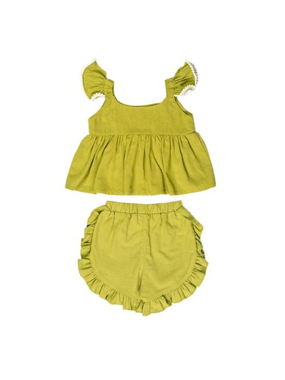 bean fashion Floral Flair Siar Ruffled Pompom Sleeve Top and Ruffled Shorts with Hat (Light Green- Image 3)