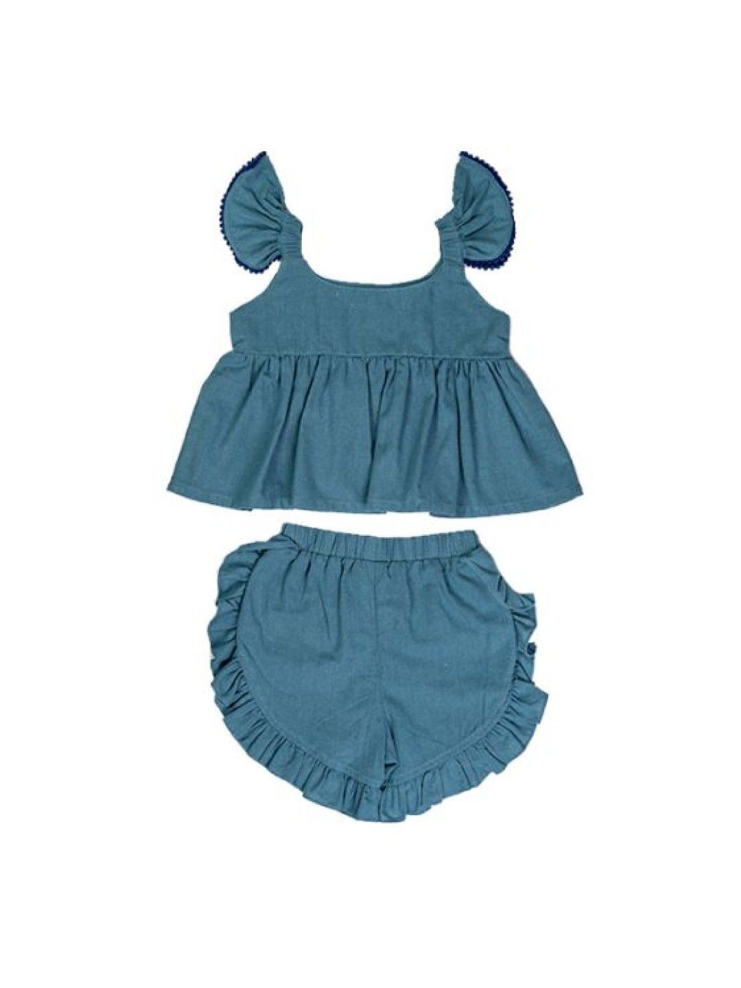 bean fashion Floral Flair Siar Ruffled Pompom Sleeve Top and Ruffled Shorts with Hat (Dusty Blue- Image 3)