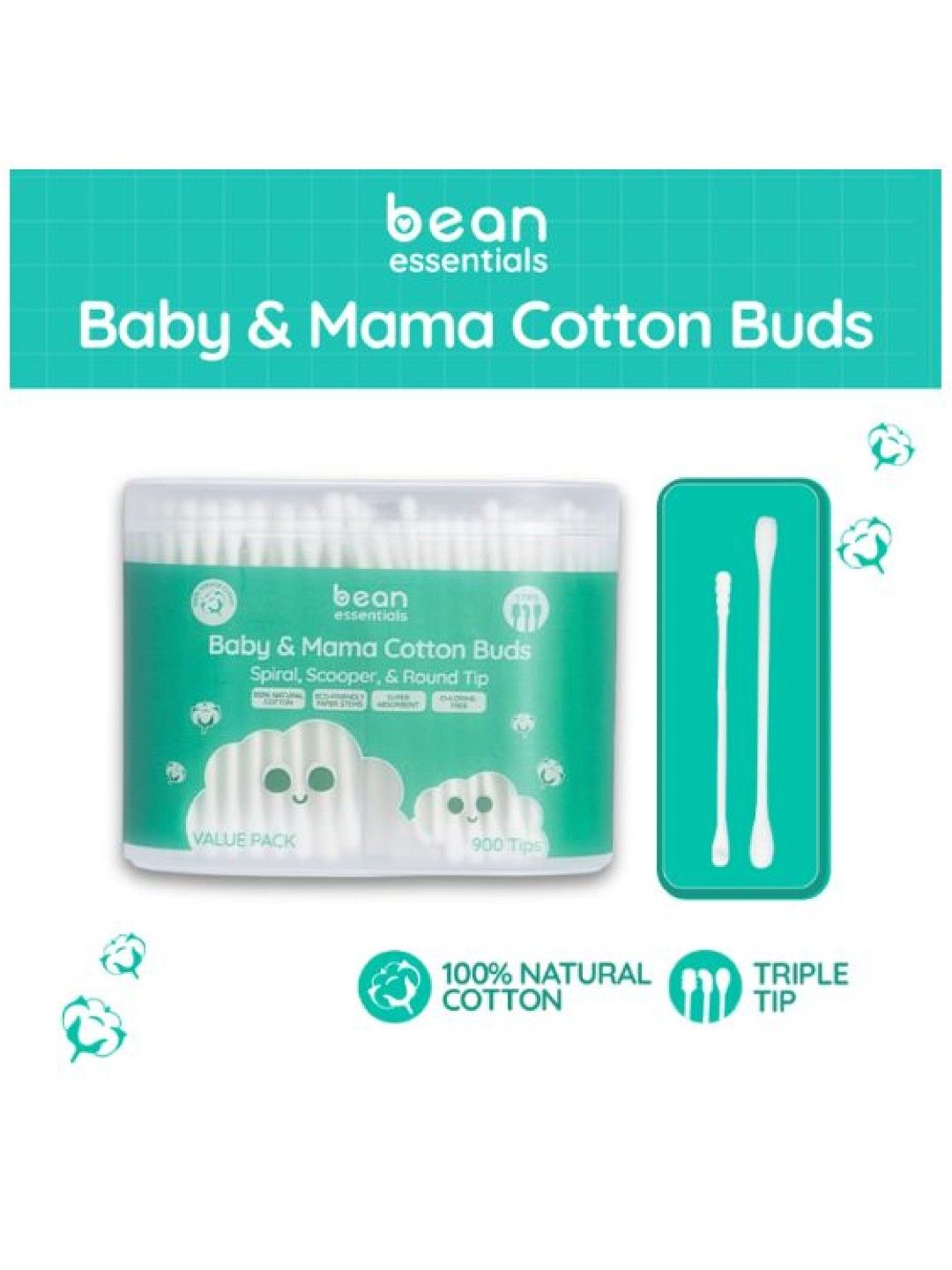 bean essentials Family Value Pack (Scooper + Spiral + Round) Cotton buds (900 tips) (No Color- Image 1)