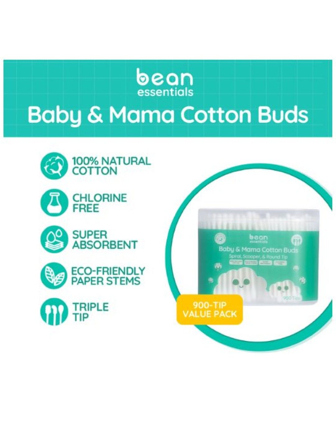 bean essentials [Bundle of 2] Family Value Pack Cotton buds (3 Tip Types, 900 tips) (No Color- Image 2)