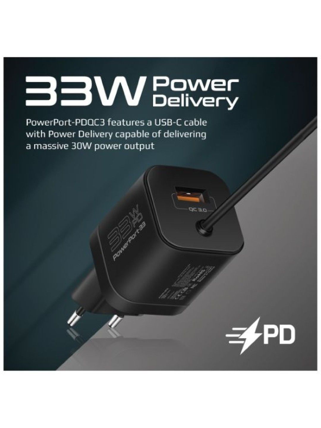 Promate POWERPORT 33W Super Speed Wall Charger (Black- Image 2)