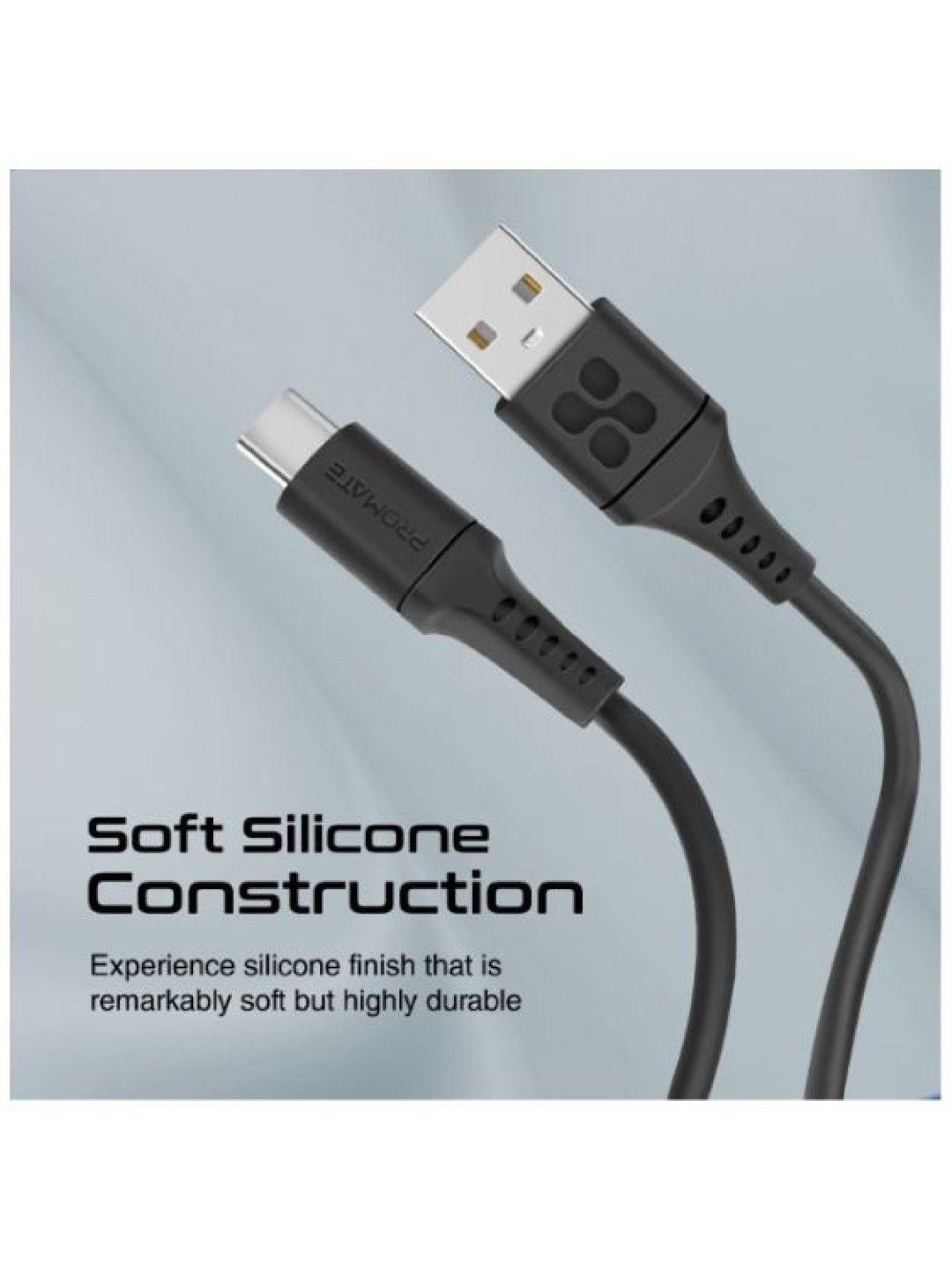 Promate POWERLINK Ultra-Fast USB-A to USB-C Soft Silicone cable (Black- Image 2)
