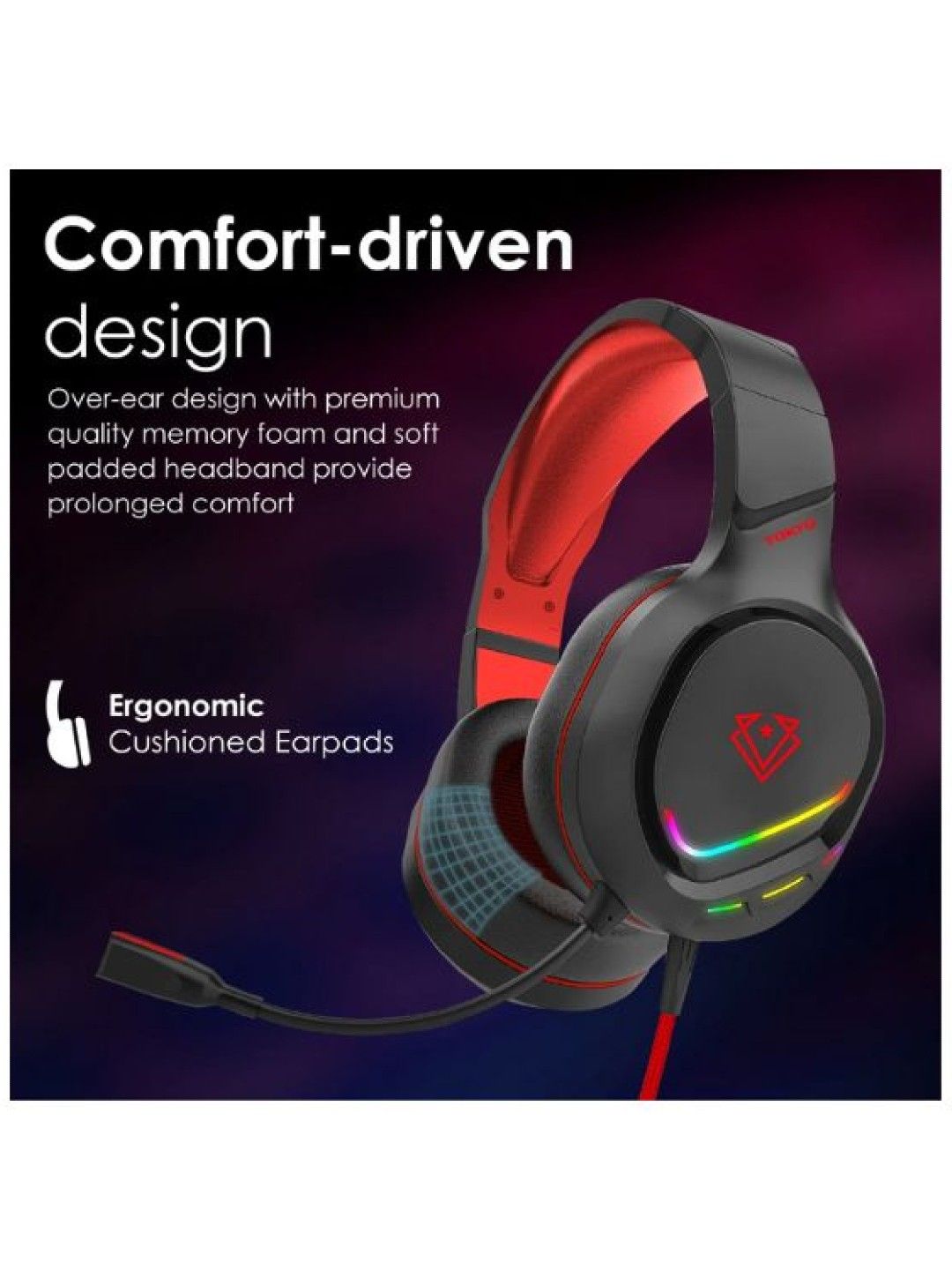 Vertux TOKYO Noise Isolating Amplified Wired Gaming Headset (Red- Image 2)