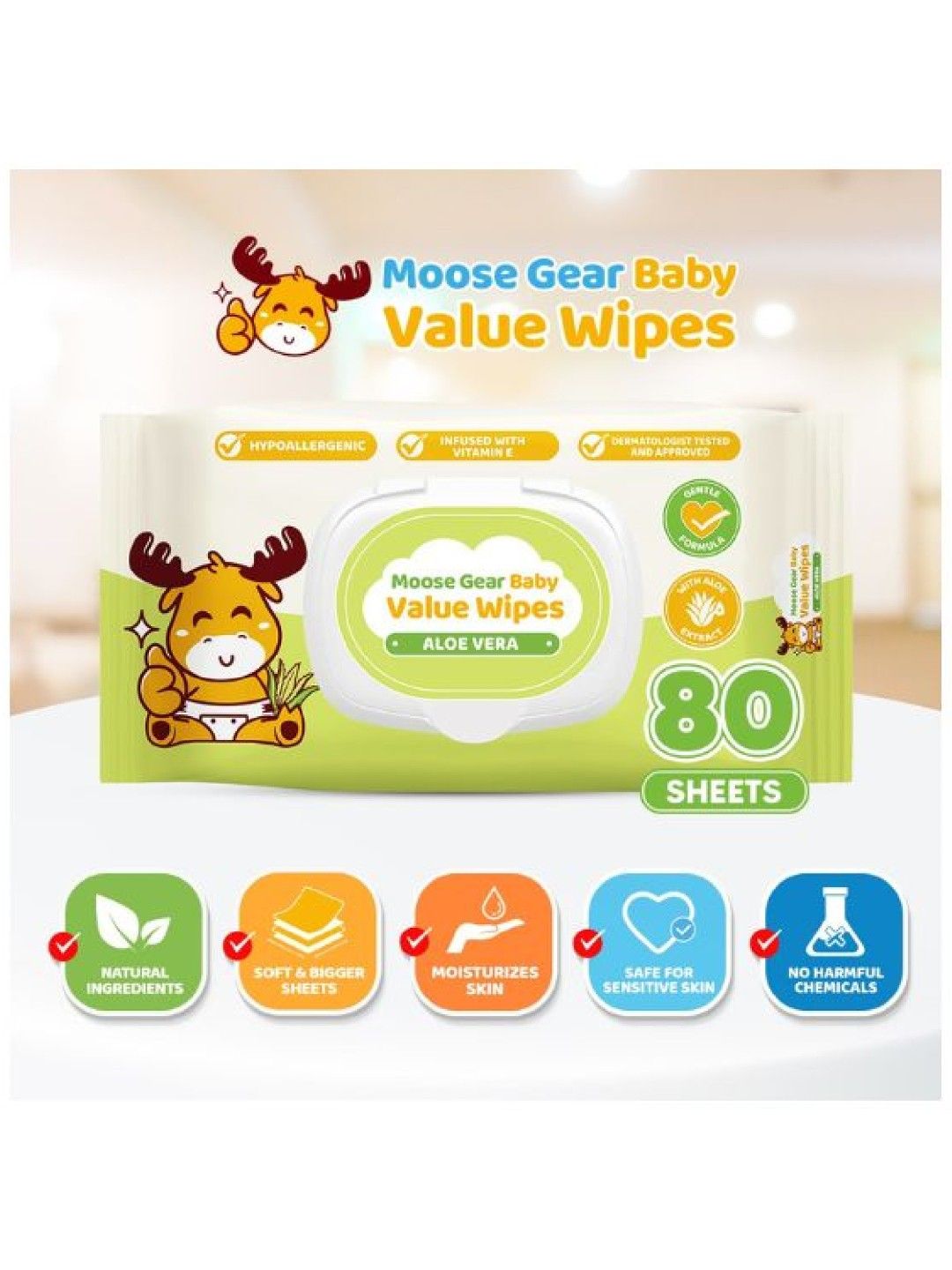 Moose Gear Baby Value Wipes (Aloe Vera Scent) 80 Tender Sheets x6 Pack New Lite Wet Wipes (No Color- Image 2)