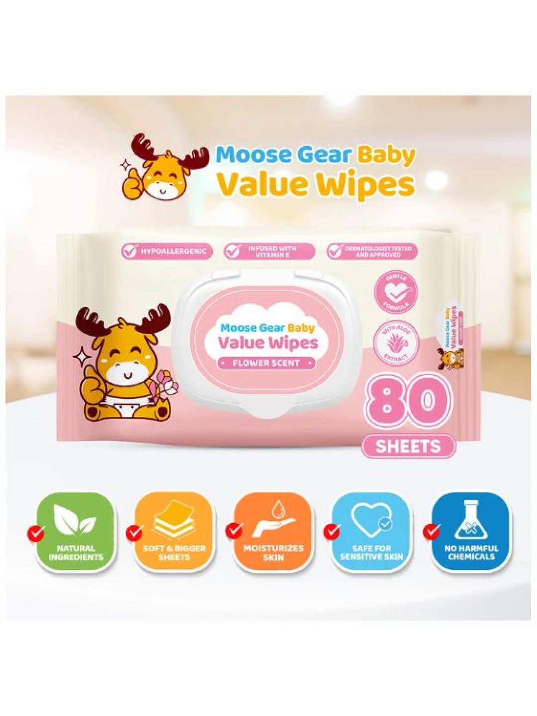 Moose Gear Baby Value Wipes (Flower Scent)80 Tender Sheetsx12 Pack New Lite Wet Wipes for Babies (No Color- Image 2)