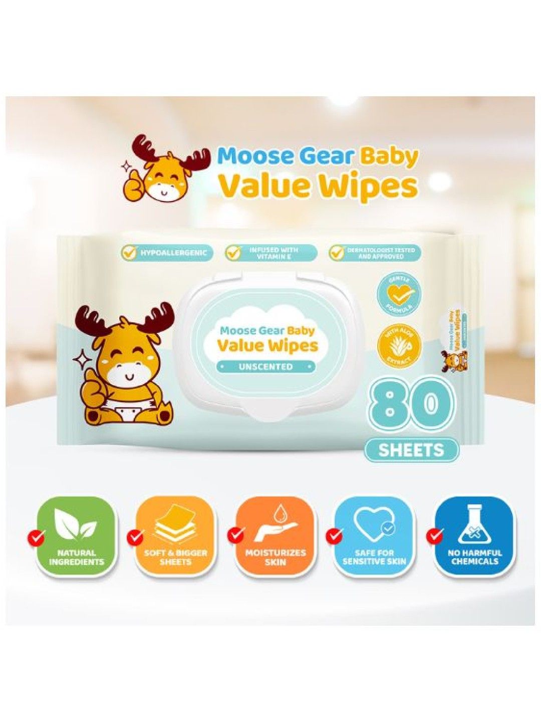 Moose Gear Baby Value Wipes (Unscented) 80 Tender Sheets x1 Pack New Lite Wet Wipes for Babies (No Color- Image 2)
