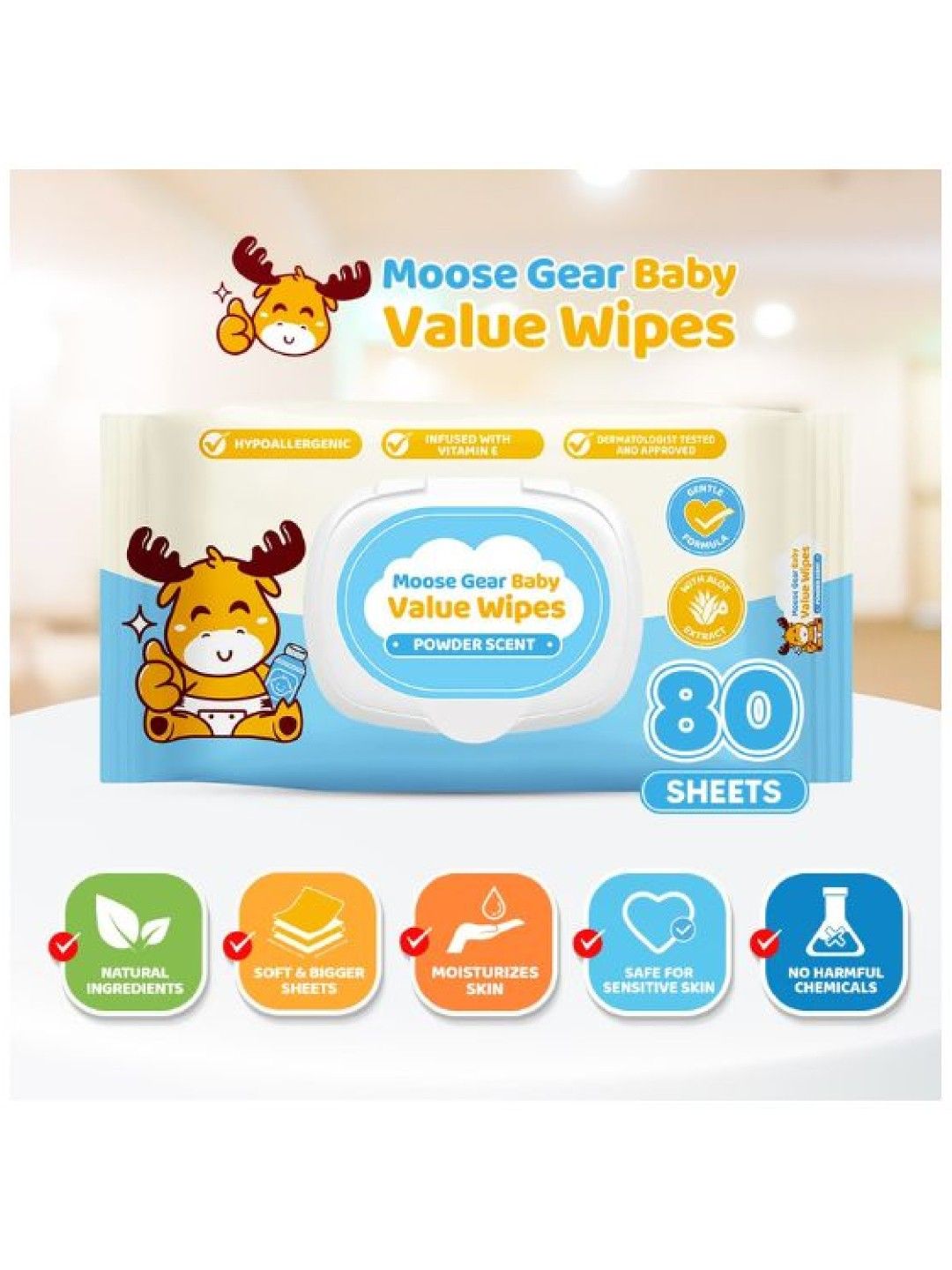 Moose Gear Baby Value Wipes (Powder Scent) 80 Tender Sheetsx3 Pack New Lite Wet Wipes for Babies (No Color- Image 2)